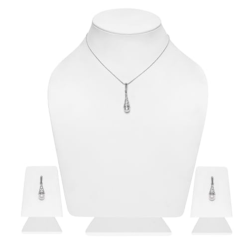 Rhodium Plated Necklace Set with Pearl Drop